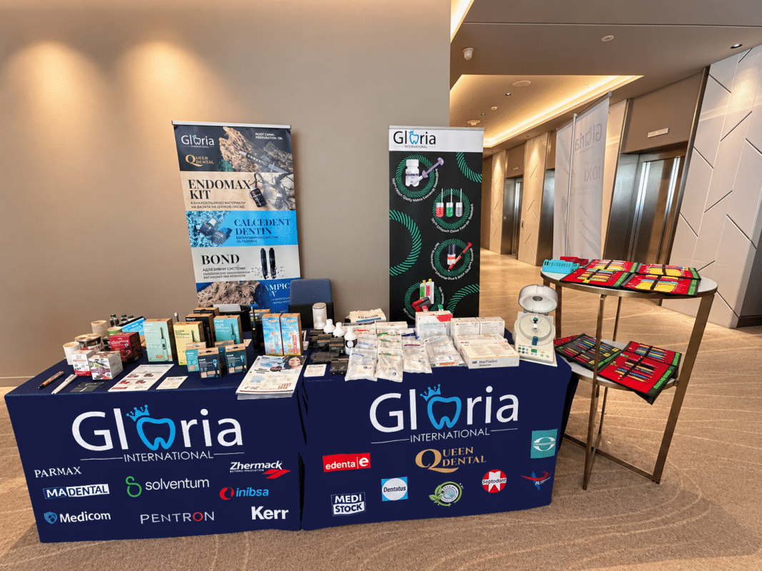 Щанд на Gloria International на Sofia Dental Meeting 2026 с дентални продукти и материали